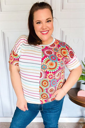 Always Fun Ivory & Fuchsia Stripe and Crochet Print Top - Coeur de la Mode