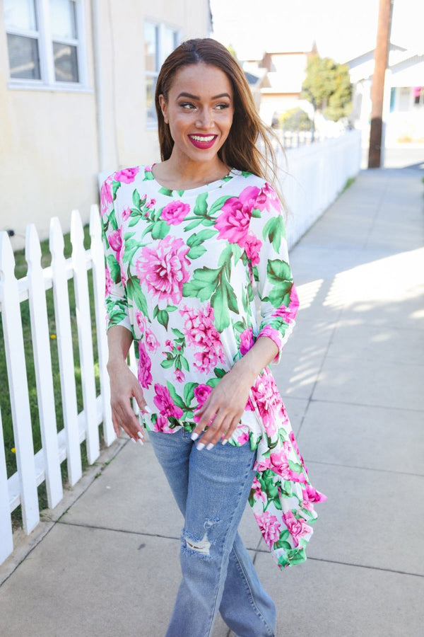 Be Bold Ivory Big Floral Hi-Lo Ruffle Hem Knit Top - Coeur de la Mode