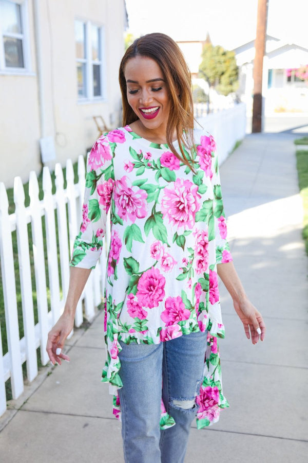 Be Bold Ivory Big Floral Hi-Lo Ruffle Hem Knit Top - Coeur de la Mode
