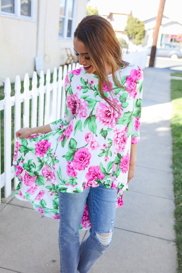 Be Bold Ivory Big Floral Hi-Lo Ruffle Hem Knit Top - Coeur de la Mode