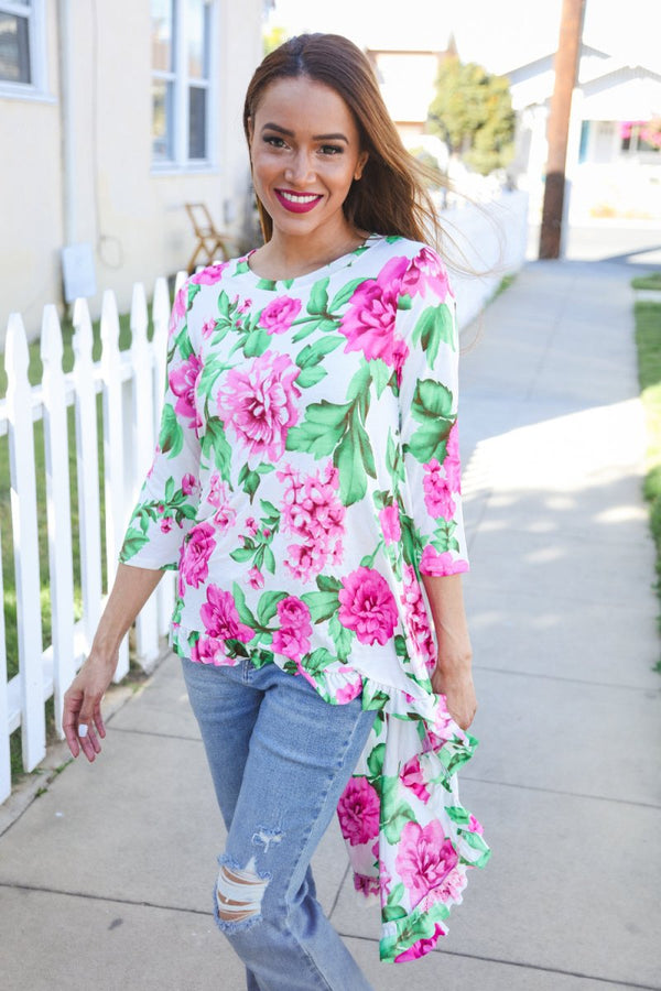Be Bold Ivory Big Floral Hi-Lo Ruffle Hem Knit Top - Coeur de la Mode