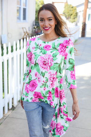 Be Bold Ivory Big Floral Hi-Lo Ruffle Hem Knit Top - Coeur de la Mode