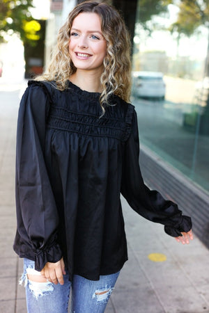 Be Your Best Black Satin Shirred Yoke Frilled Mock Neck Top - Coeur de la Mode