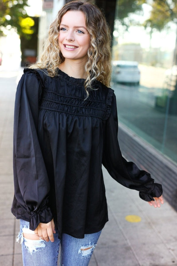 Be Your Best Black Satin Shirred Yoke Frilled Mock Neck Top - Coeur de la Mode
