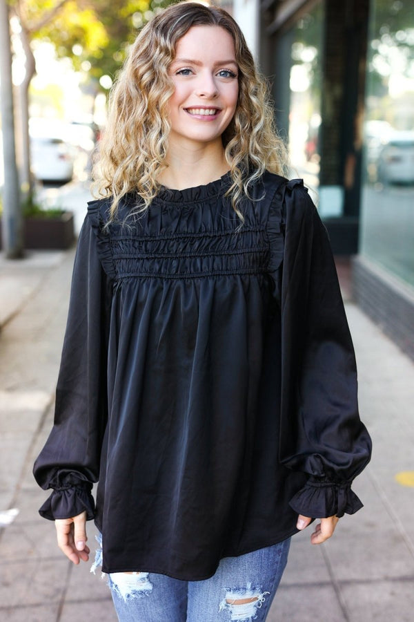 Be Your Best Black Satin Shirred Yoke Frilled Mock Neck Top - Coeur de la Mode
