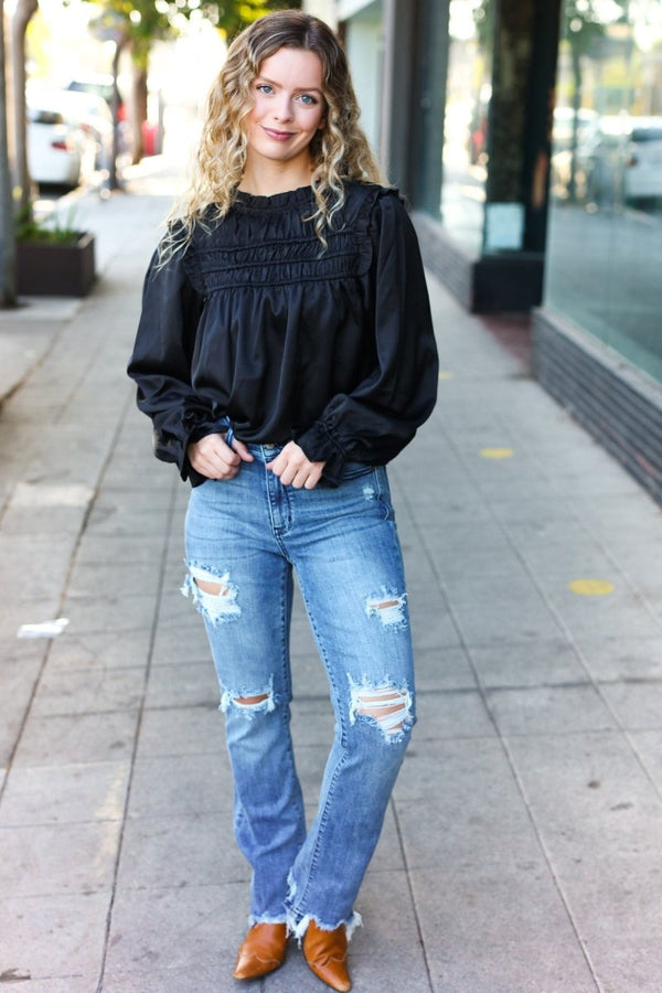 Be Your Best Black Satin Shirred Yoke Frilled Mock Neck Top - Coeur de la Mode