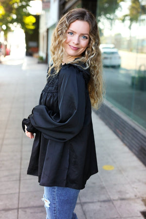 Be Your Best Black Satin Shirred Yoke Frilled Mock Neck Top - Coeur de la Mode
