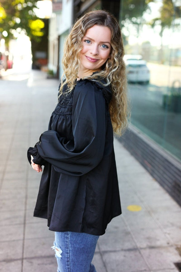Be Your Best Black Satin Shirred Yoke Frilled Mock Neck Top - Coeur de la Mode