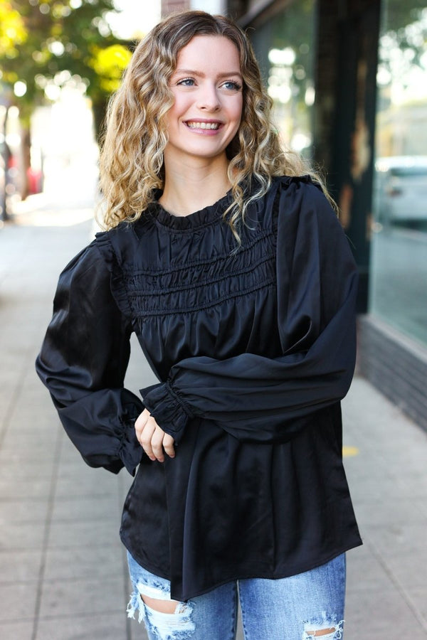 Be Your Best Black Satin Shirred Yoke Frilled Mock Neck Top - Coeur de la Mode