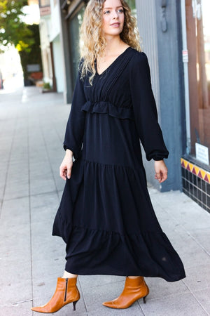 Beautiful You Black Pintuck Detail Frill V Neck Maxi Dress - Coeur de la Mode