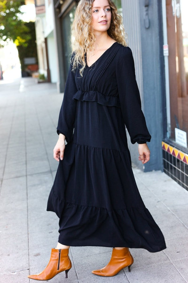 Beautiful You Black Pintuck Detail Frill V Neck Maxi Dress - Coeur de la Mode