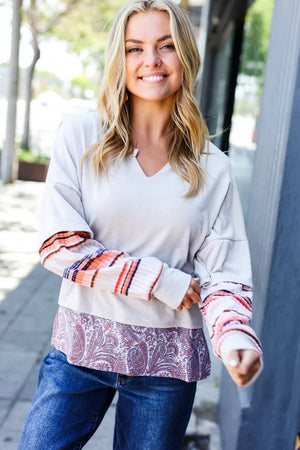 Boho Energy Taupe Stripe & Paisley Twofer Terry Top - Coeur de la Mode