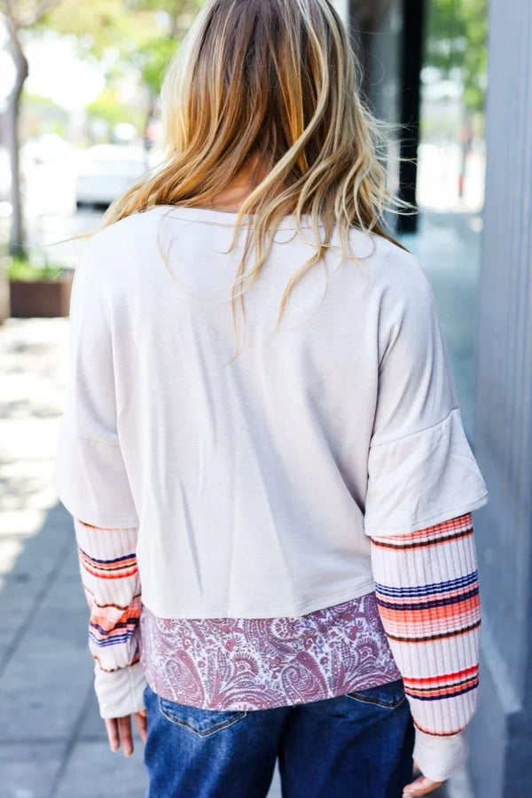 Boho Energy Taupe Stripe & Paisley Twofer Terry Top - Coeur de la Mode