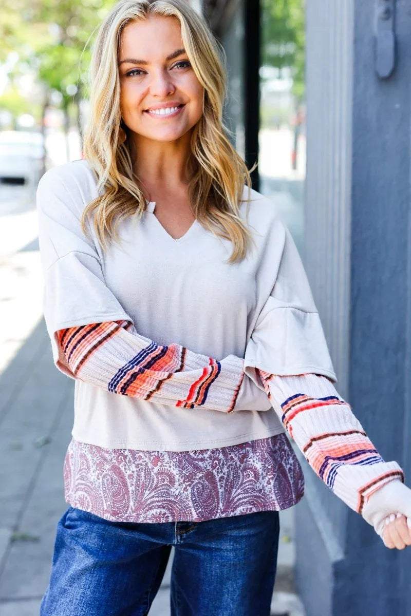 Boho Energy Taupe Stripe & Paisley Twofer Terry Top - Coeur de la Mode