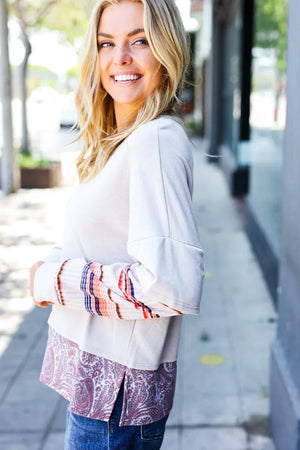 Boho Energy Taupe Stripe & Paisley Twofer Terry Top - Coeur de la Mode