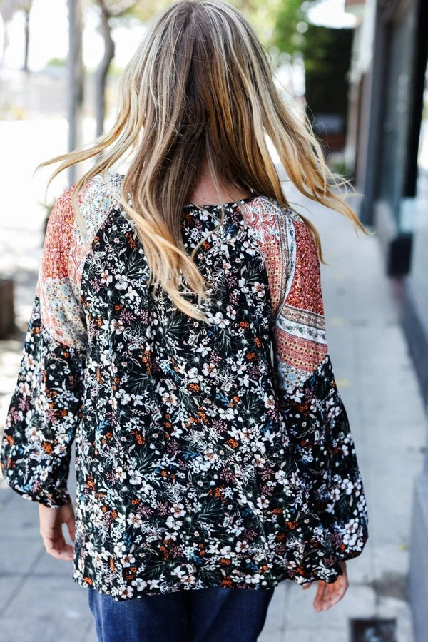 Boho Floral Ethnic Print Front Tie Woven Blouse - Coeur de la Mode