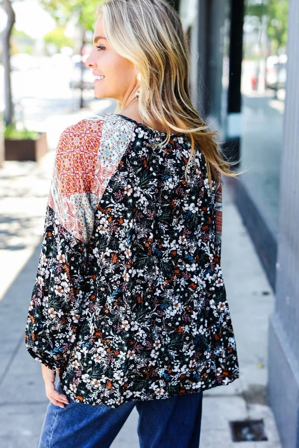 Boho Floral Ethnic Print Front Tie Woven Blouse - Coeur de la Mode