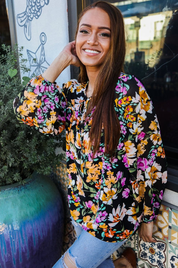 Boho Vibes Notch Tie Neck Floral Print Long Sleeve Blouse - Coeur de la Mode