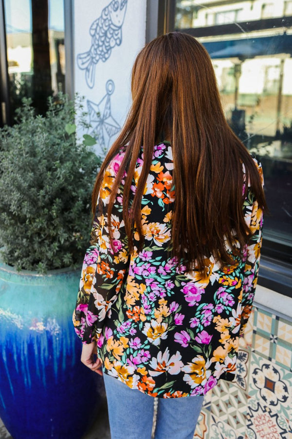 Boho Vibes Notch Tie Neck Floral Print Long Sleeve Blouse - Coeur de la Mode