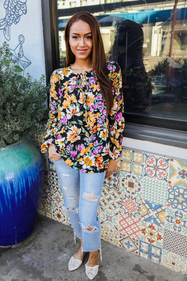 Boho Vibes Notch Tie Neck Floral Print Long Sleeve Blouse - Coeur de la Mode