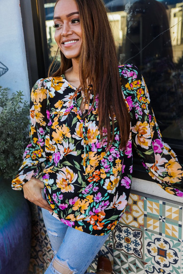 Boho Vibes Notch Tie Neck Floral Print Long Sleeve Blouse - Coeur de la Mode