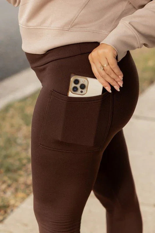 Brown FLEECE Full Length Leggings with Pockets - Coeur de la Mode