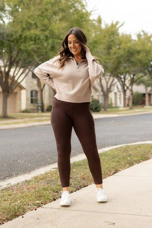 Brown FLEECE Full Length Leggings with Pockets - Coeur de la Mode