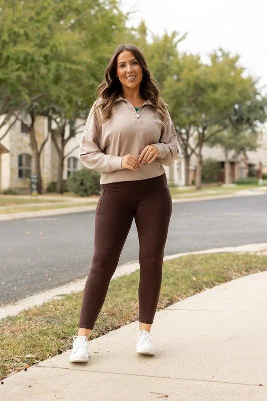 Brown FLEECE Full Length Leggings with Pockets - Coeur de la Mode