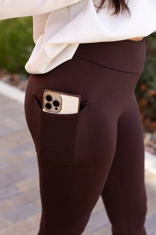 Brown FLEECE Full Length Leggings with Pockets - Coeur de la Mode