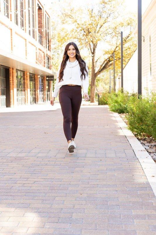 Brown FLEECE Full Length Leggings with Pockets - Coeur de la Mode
