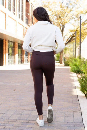 Brown FLEECE Full Length Leggings with Pockets - Coeur de la Mode