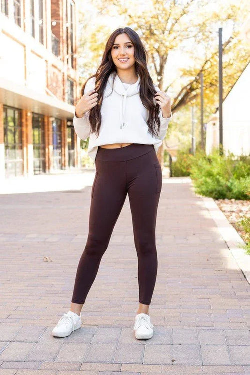 Brown FLEECE Full Length Leggings with Pockets - Coeur de la Mode
