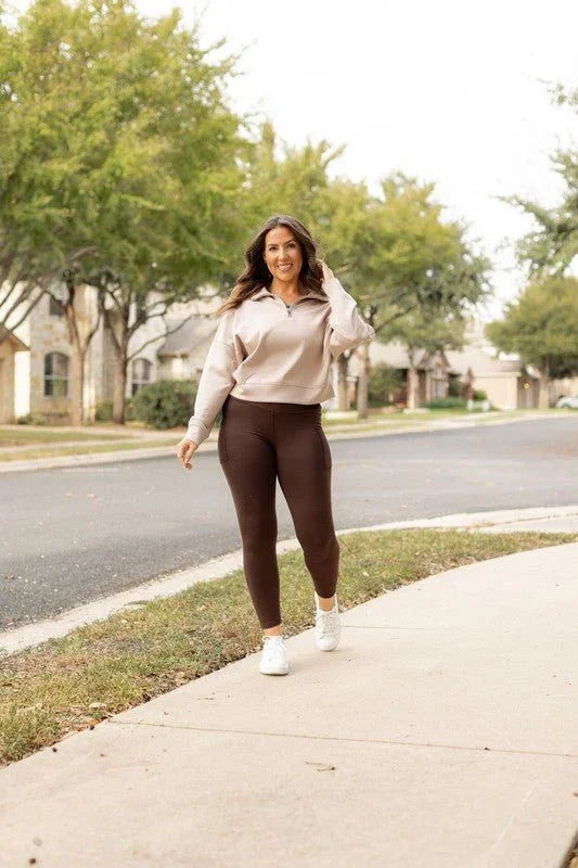 Brown FLEECE Full Length Leggings with Pockets - Coeur de la Mode