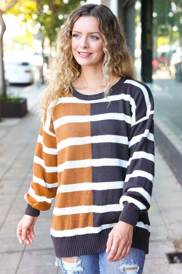 Camel & Charcoal Striped Color Block Sweater - Coeur de la Mode