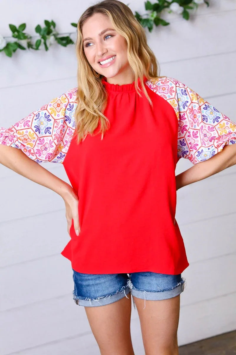 Cardinal Red Frilled Mock Neck Floral Puff Sleeve Top - Coeur de la Mode