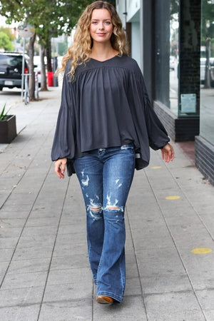 Casual Chic Charcoal V Neck Yoke Modal Knit Top - Coeur de la Mode