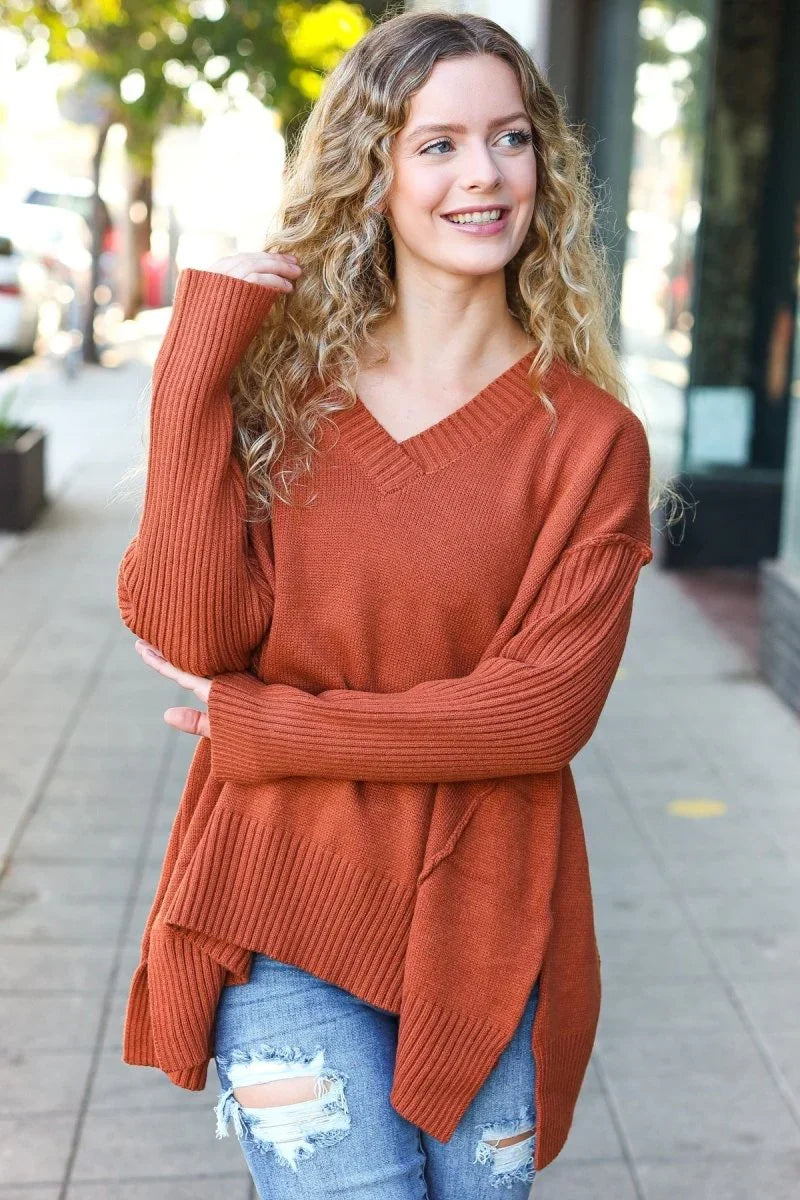 Casual Chic Rust Oversized V Neck Rib Knit Sweater - Coeur de la Mode
