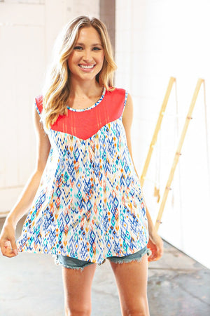 Coral Jacquard Lace Ethnic Print Tank Top - Coeur de la Mode