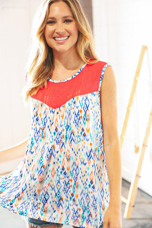 Coral Jacquard Lace Ethnic Print Tank Top - Coeur de la Mode