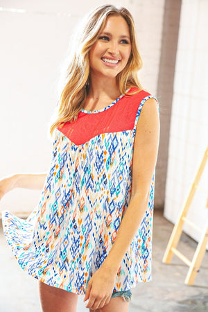 Coral Jacquard Lace Ethnic Print Tank Top - Coeur de la Mode