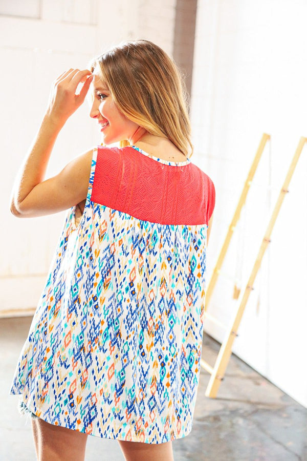 Coral Jacquard Lace Ethnic Print Tank Top - Coeur de la Mode