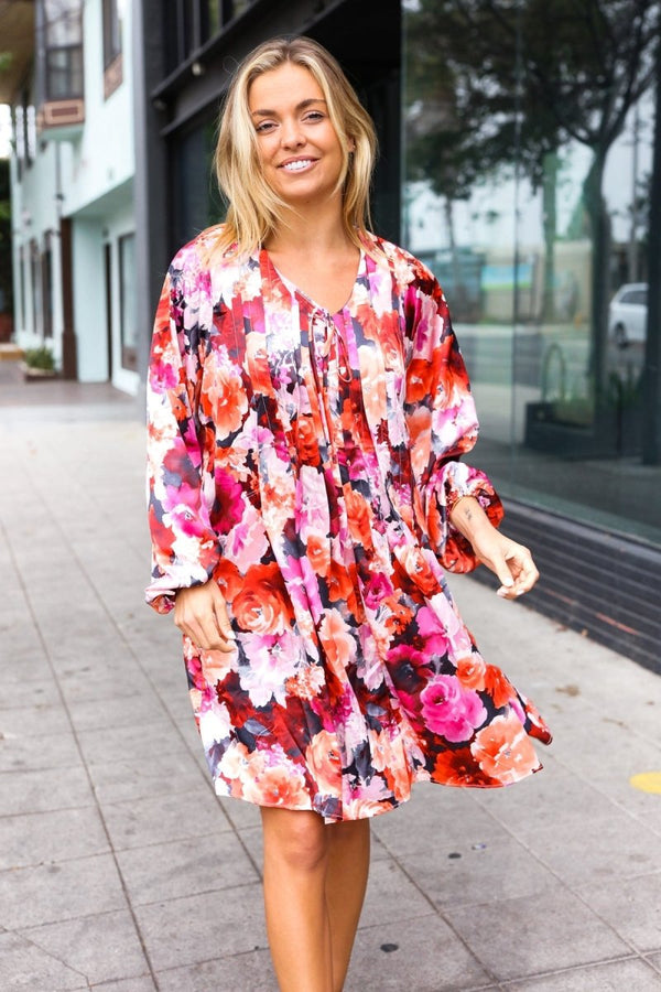 Diva Dreams Coral & Charcoal Floral Tie Neck Pintuck Satin Dress - Coeur de la Mode