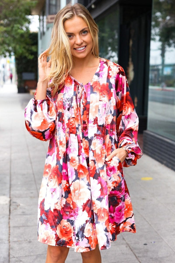 Diva Dreams Coral & Charcoal Floral Tie Neck Pintuck Satin Dress - Coeur de la Mode