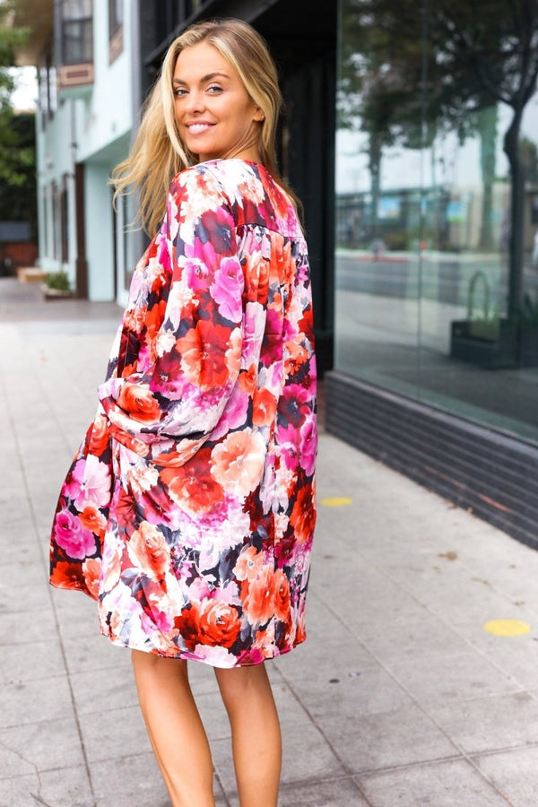 Diva Dreams Coral & Charcoal Floral Tie Neck Pintuck Satin Dress - Coeur de la Mode