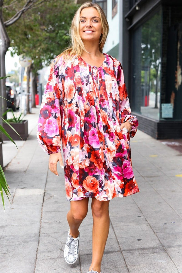 Diva Dreams Coral & Charcoal Floral Tie Neck Pintuck Satin Dress - Coeur de la Mode
