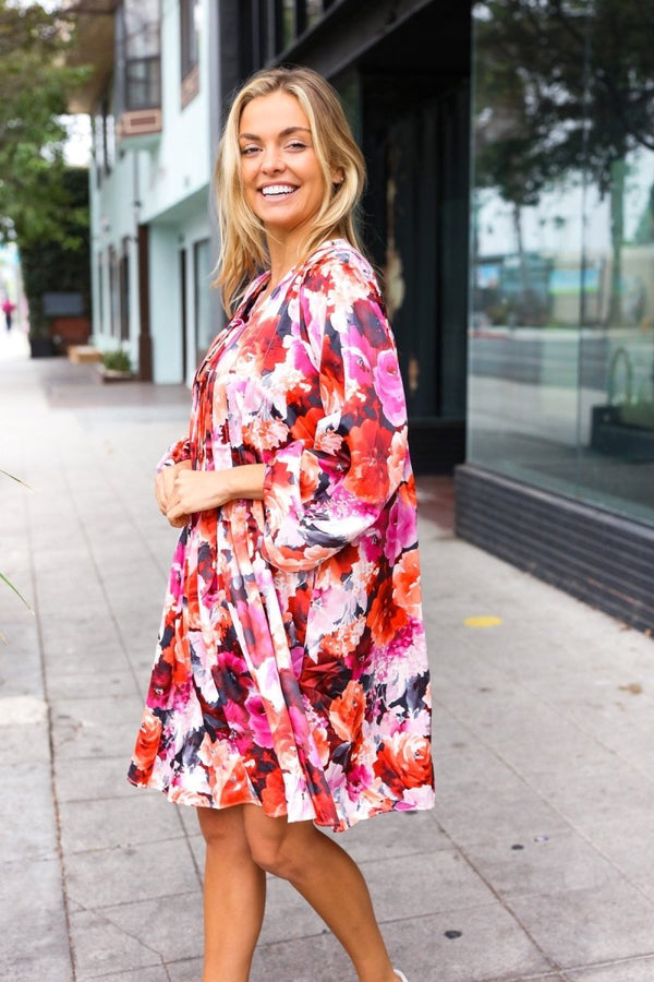 Diva Dreams Coral & Charcoal Floral Tie Neck Pintuck Satin Dress - Coeur de la Mode