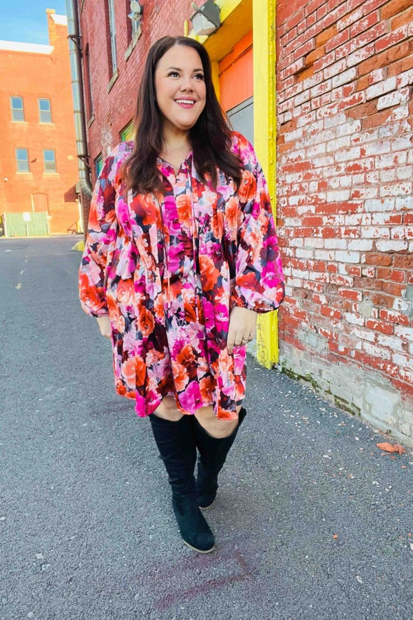 Diva Dreams Coral & Charcoal Floral Tie Neck Pintuck Satin Dress - Coeur de la Mode
