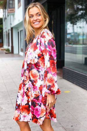 Diva Dreams Coral & Charcoal Floral Tie Neck Pintuck Satin Dress - Coeur de la Mode