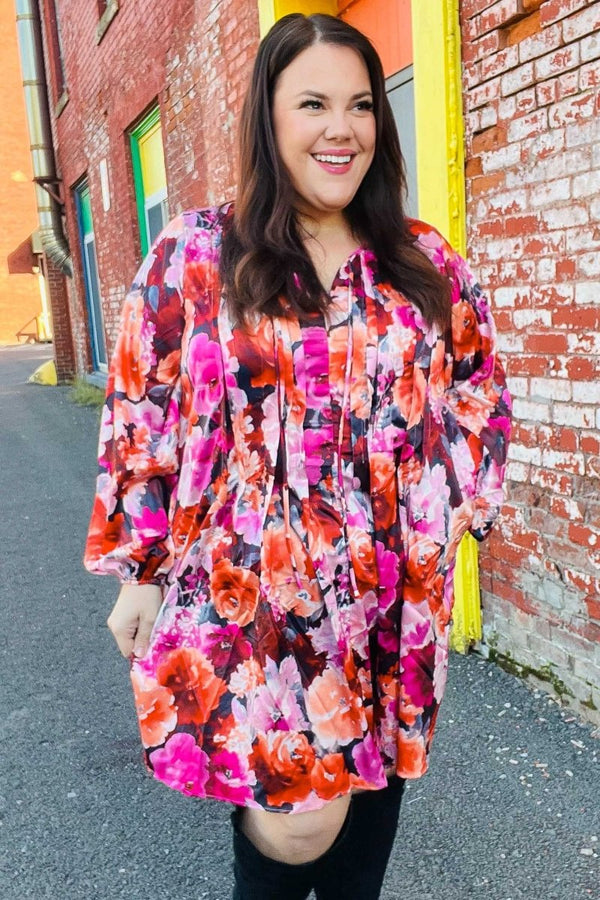 Diva Dreams Coral & Charcoal Floral Tie Neck Pintuck Satin Dress - Coeur de la Mode