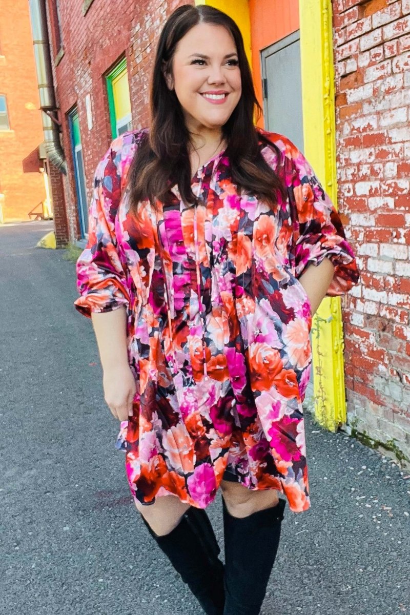 Diva Dreams Coral & Charcoal Floral Tie Neck Pintuck Satin Dress - Coeur de la Mode